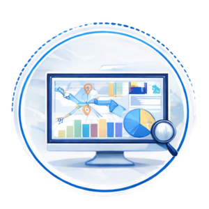Computer monitor showing charts and graphs with a magnifying glass, symbolizing data analytics.