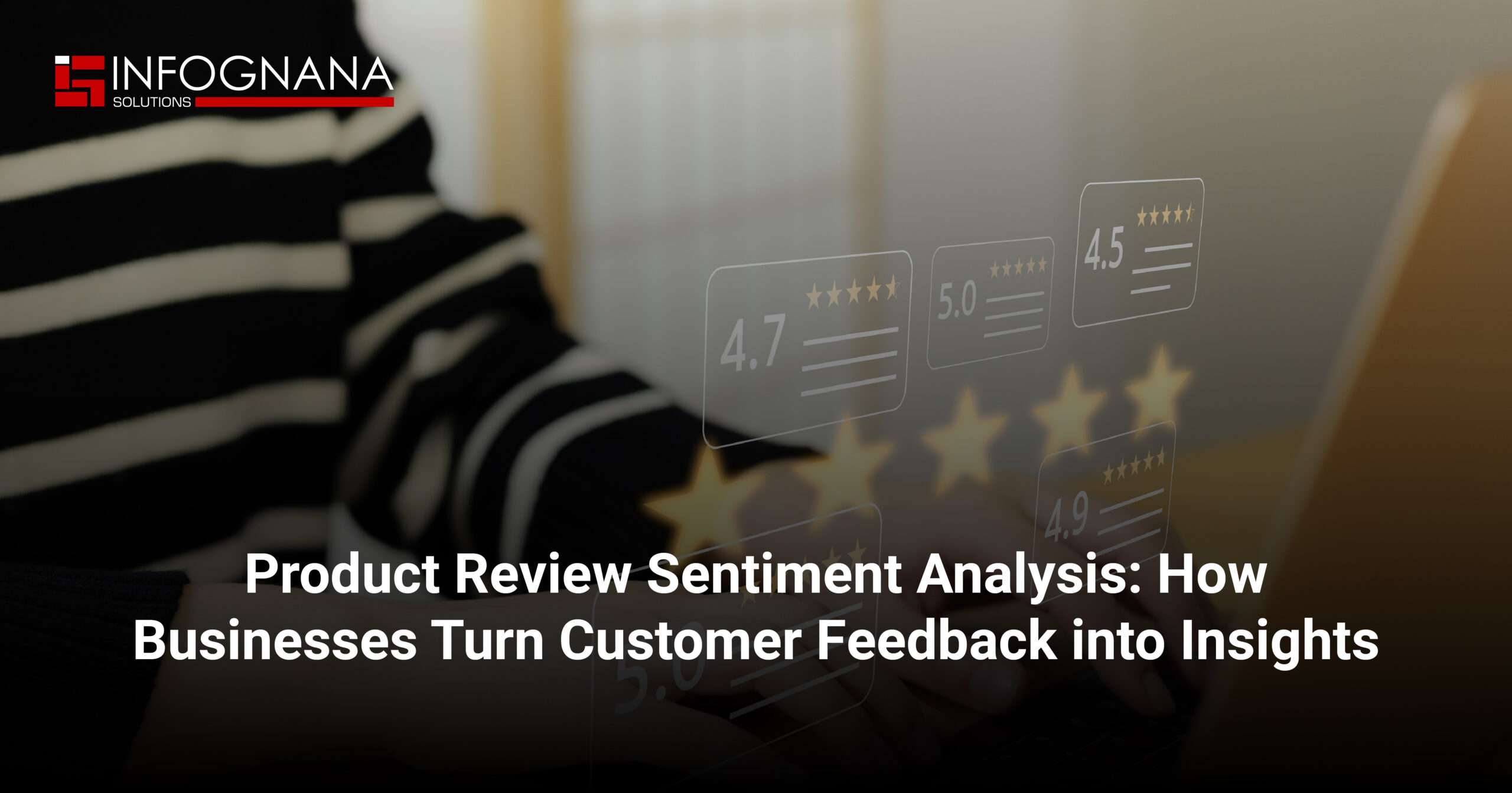 Infognana Solutions logo in the top-left with a blurred person and floating rating cards; article title about product review sentiment analysis.